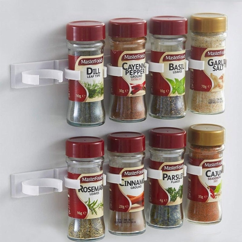 2/4PC Spice Bottle Rack Kitchen Storage Wall Mount Plastic Adhesive Clip Cabinet Organizer Door Hooks Jar Holder Tool