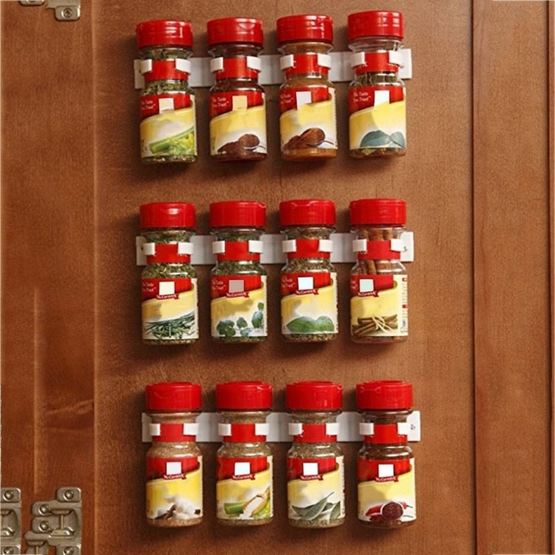 2/4PC Spice Bottle Rack Kitchen Storage Wall Mount Plastic Adhesive Clip Cabinet Organizer Door Hooks Jar Holder Tool